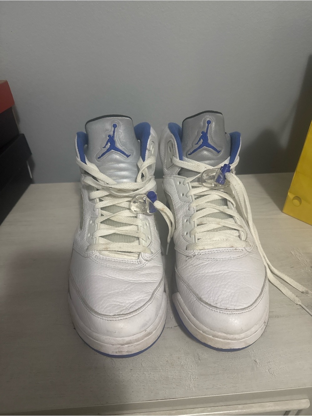 Jordan White and Blue Retro 5 Basketball Sneakers